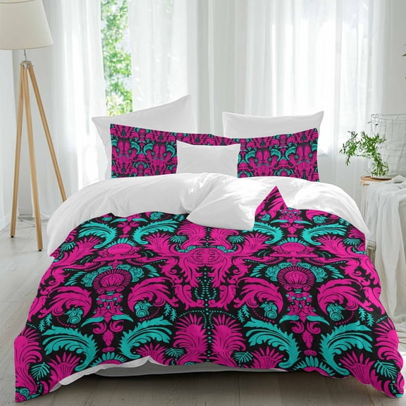 3 Piece Pink Turquoise Abstract Duvet Cover Set Full Size,Microfiber Comforter/Quilt Cover with Corner Ties and 2 Pillowcases,Ethnic Modern Geometric Aesthetics All Season Bedding with Zipper Closure