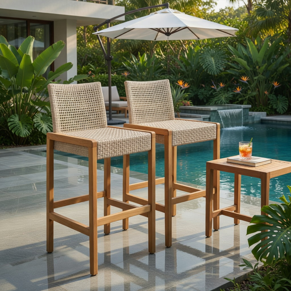 Hommoo 2-Pack PE Rattan & Teak Acacia Wood Bar Stools with Backrest, Indoor/Outdoor Patio Dining Chairs, Ergonomic Design, Light Brown