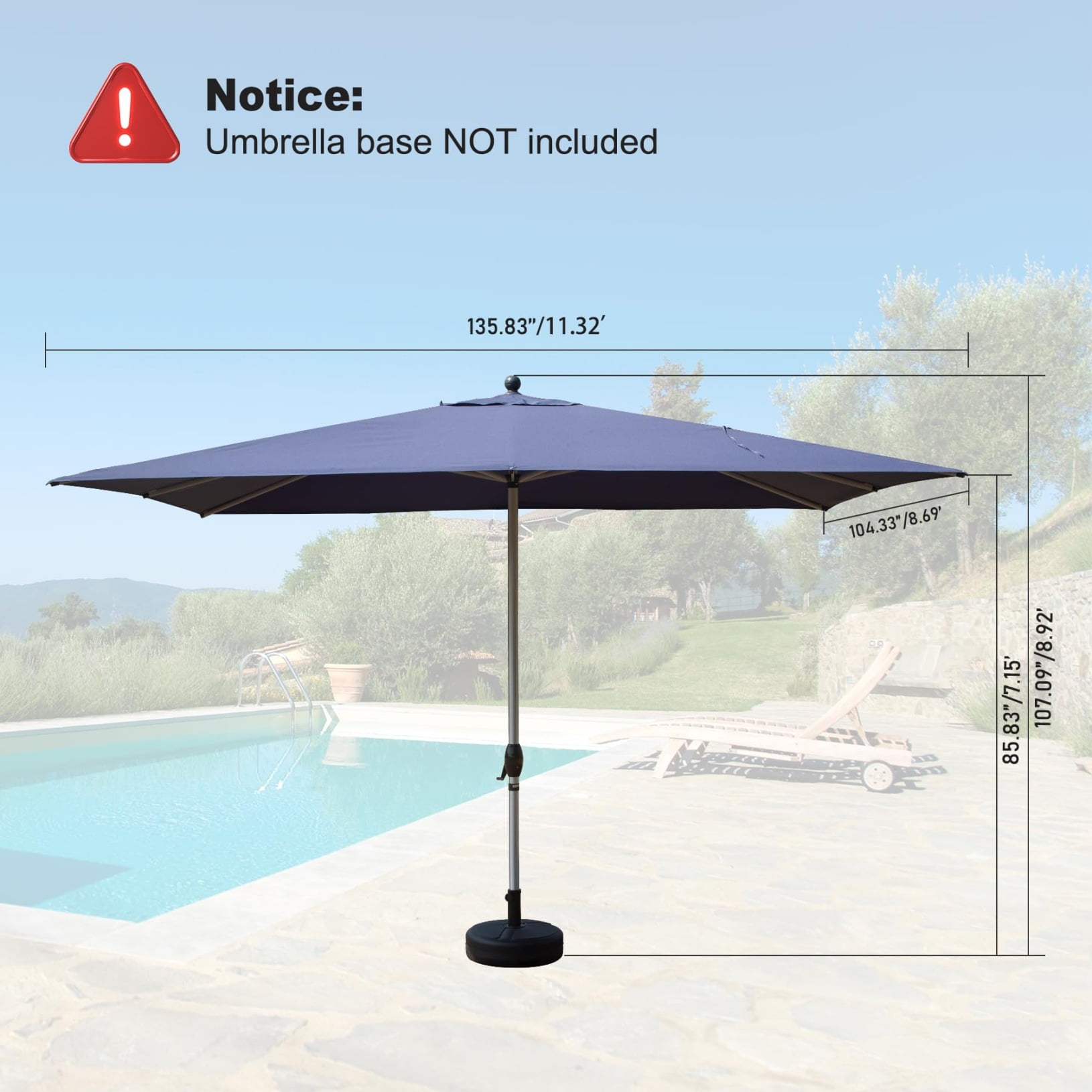 9x11.5 FT Rectangular Patio Umbrella, Double-Sided Outdoor Shade with Crank Lift & Tilt Mechanism, Wind-Resistant Aluminum Frame for Poolside, Patio & Backyard - Navy Blue (Base Not Included)