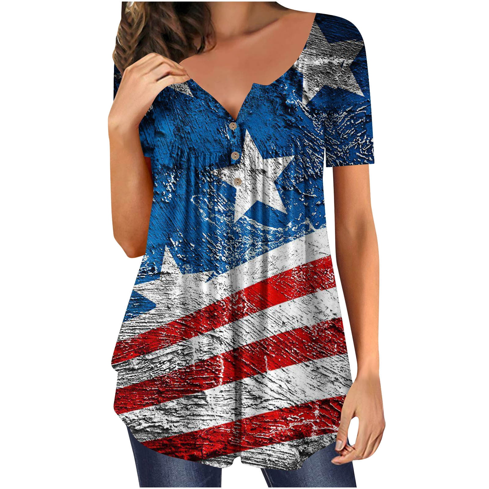 ZQGJB Womens Patriotic Shirts Casual Summer Short Sleeve Button Neckline  Pleated Tee Shirts Trendy USA Flag Print July 4th Holiday Gift Top Loose