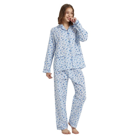 GLOBAL 100% Cotton Pajamas for Women Notch Collar Pjs Cozy Button Down Homewear with Pockets, Spring & Summer, 2-Piece, Sizes S to 3X
