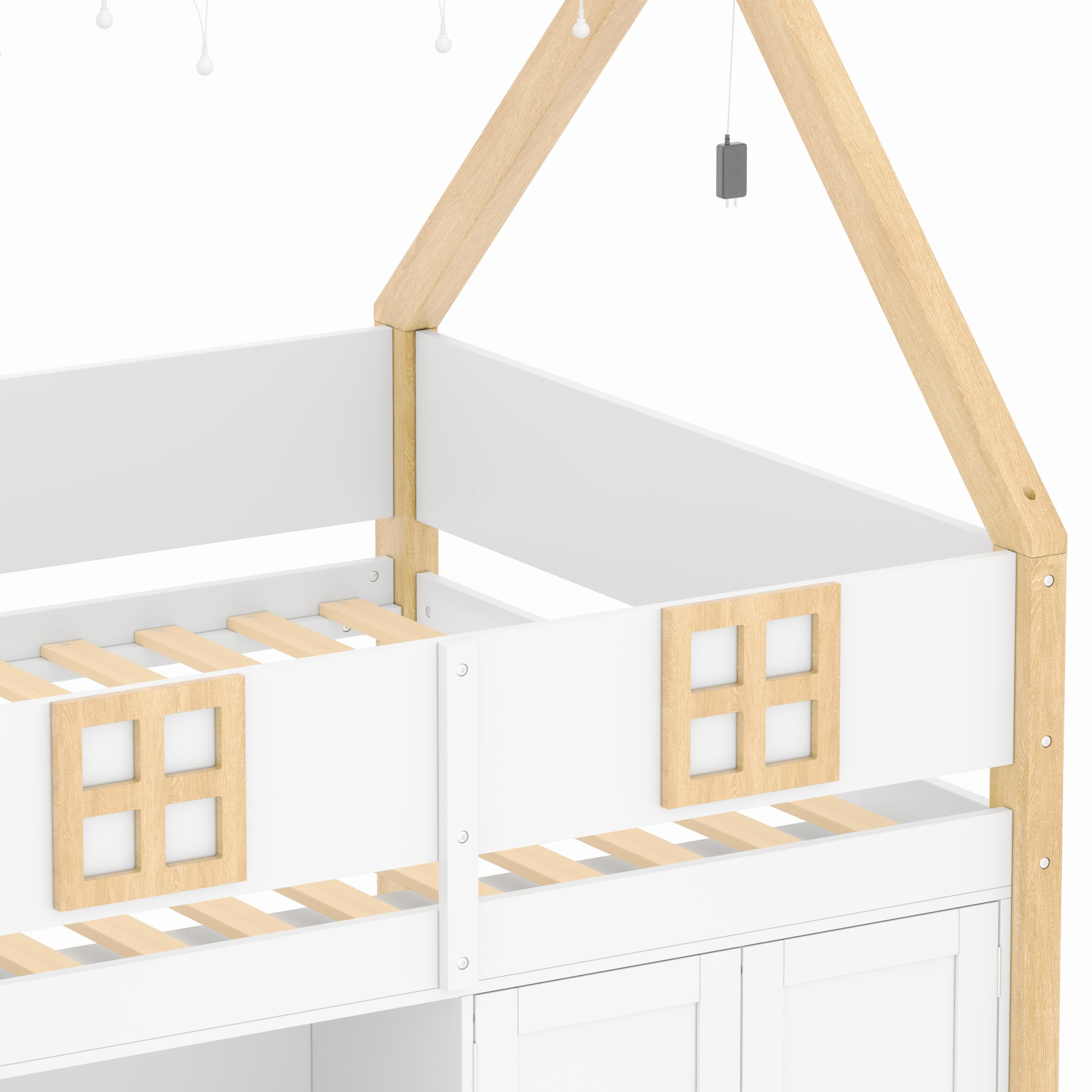 Noble House Harley Full Size Low Loft Bed with Storage Staircase and Cabinets, Wood House Bed, LED Lights, White
