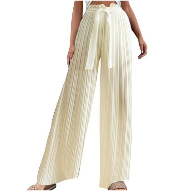 Pantalones largos de pierna ancha plisados drapeados de Color sólido con correas de cordón de cintura alta informales a la moda para mujer Fridja alkflakhf35066