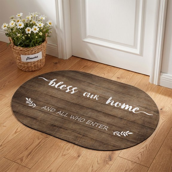 Oval Door Mat 24"×36" Bless Our Absorbent Door Mat Outside Entrance Home and All Who enter Low-Profile Non Slip Front Rug for Kitchen Bathroom Bedroom