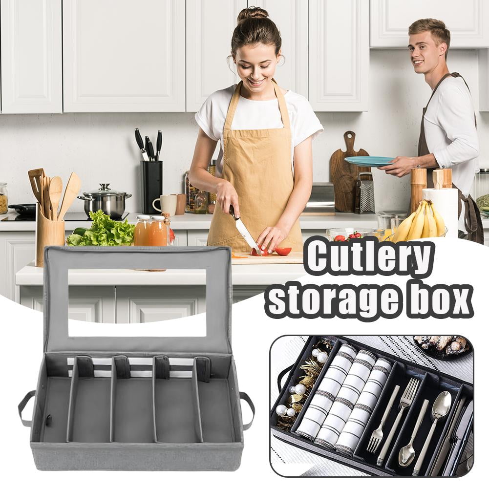Large Capacity Silverware Storage Box – Linen-Like Utensil Organizer with Removable Lid & Adjustable Dividers, Foldable Portable Cutlery Holder for Knives Forks Spoons, Kitchen Pantry Camping Storage