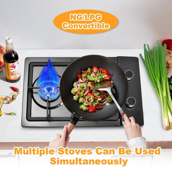 20 Inch 2 Burner Gas Cooktop, Gas Stove with Thermocouple Safety Feature, Compatible with LPG/NG, Built-In Tempered Glass for Apartments, Indoor Use, And Rvs