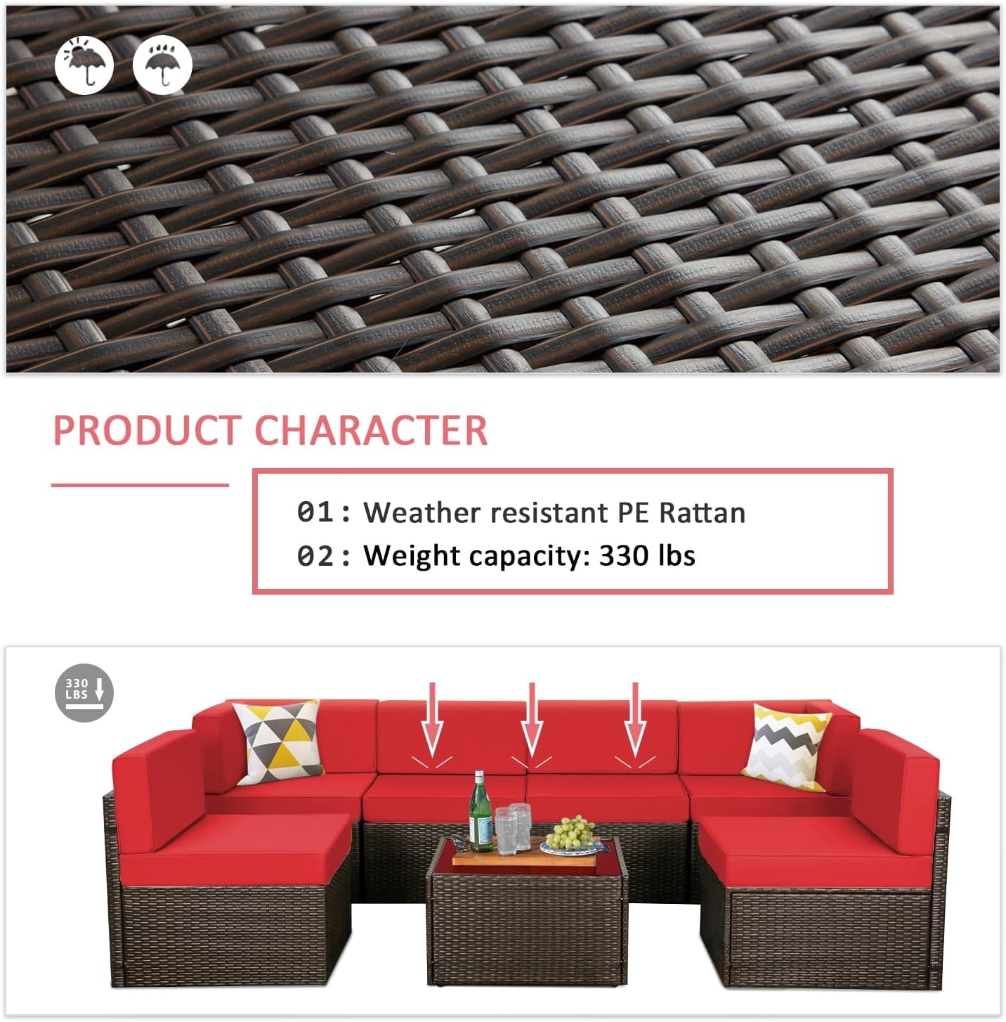 Danrelax 7 Pc Outdoor Patio Sectional Set, Red and Black Red Steel with Cushions