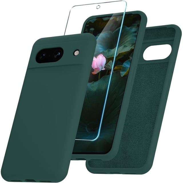 KOMI for Google Pixel 8a Case, Silicone Phone Case with 1 Screen Protector, Soft Anti-Scratch Microfiber Lining, Full Body Shockproof Slim Cover Support Wireless Charging, Deep Green