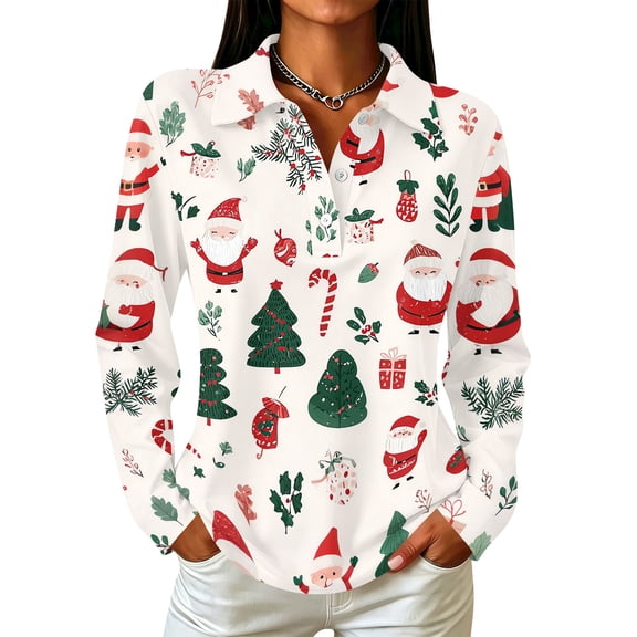 Garbnen Christmas Womens Polo Shirts Merry and Bright Prints Graphic Funny Golf Shirts for Women Xmas Button Down Long Sleeve Fall Winter Relaxed Fit Women shirts