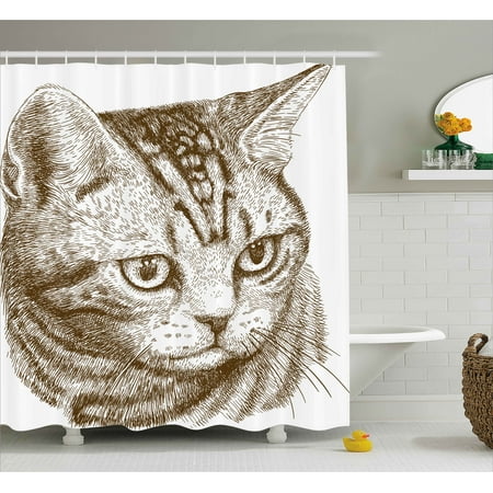Cat Shower Curtain, Portrait of a Kitty Domestic Animal Hipster Best Company Fluffy Pet Graphic Art, Fabric Bathroom Set with Hooks, 69W X 70L Inches, Chocolate White, by