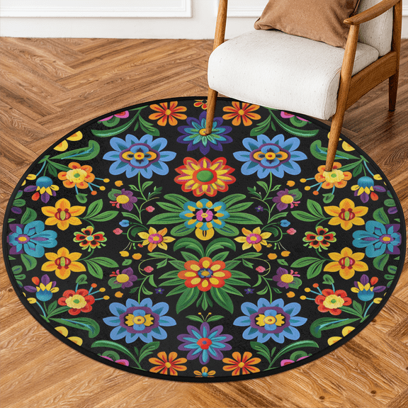 CURLYOOT Round Rug 3ft Mexico Floral Area Rug, Washable Circle Mat Non Slip Floor Carpet Mat, Traditional Mexican Boho Soft Indoor Rugs for Entryway Living Room Dining Room Bedroom