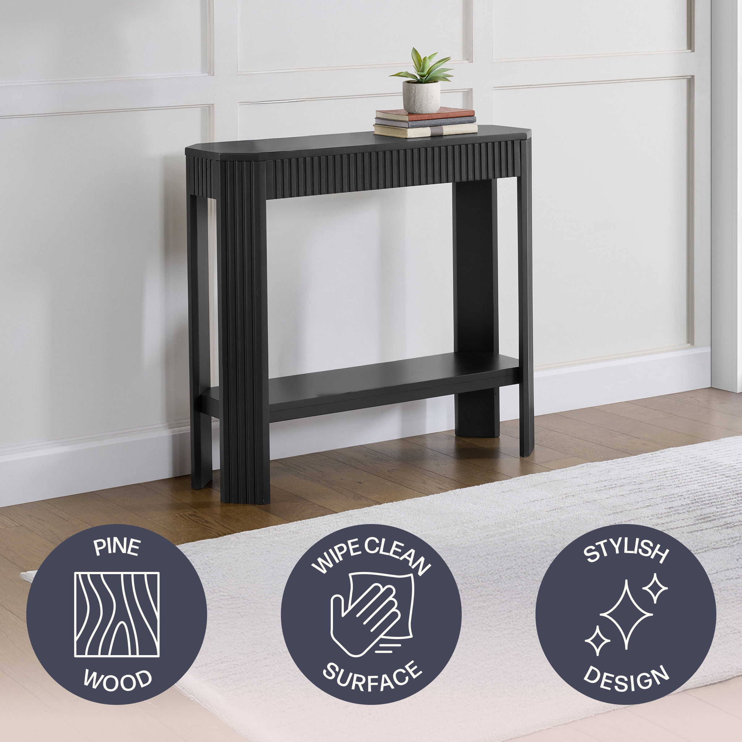 Alaterre Furniture Fluted Wood Console Table - 36in Modern Entryway Table with Storage Shelf, Black