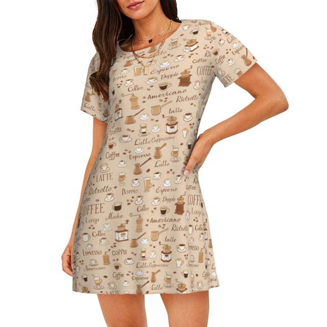 Vsdgher Motif Café Chemise de Nuit à Manches Courtes Col Rond Mignonne Robe de Nuit Confortable