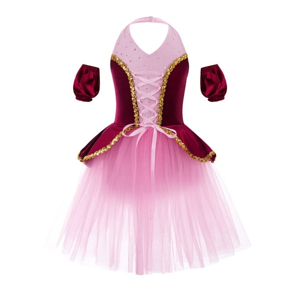 iEFiEL Kids Girls Halter Sequins Ballet Tutu Dress Ballerina Dancewear with Cuffs