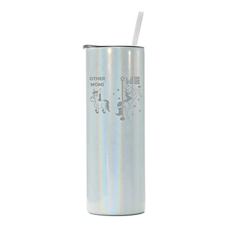 

20 oz Skinny Tall Tumbler Stainless Steel Vacuum Insulated Travel Mug Cup With Straw Mom Superstar Unicorn Funny Mother (White Iridescent Glitter)
