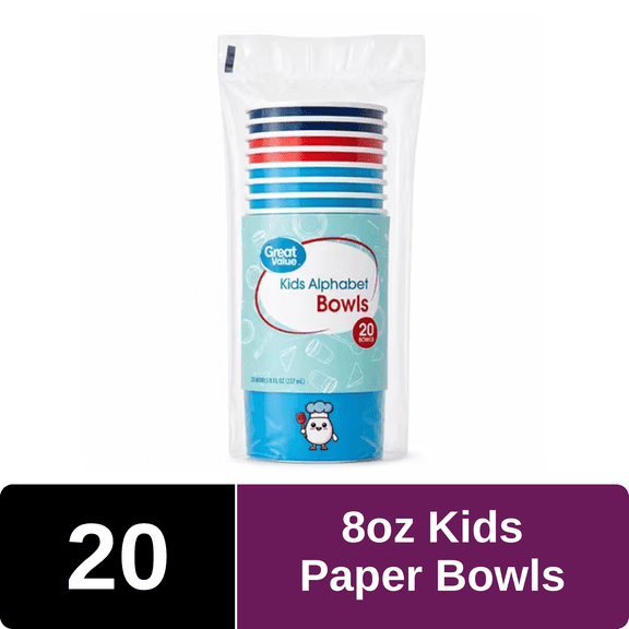 Great Value Kids Disposable Paper Bowls, 8 oz, Multicolor, 20 Count