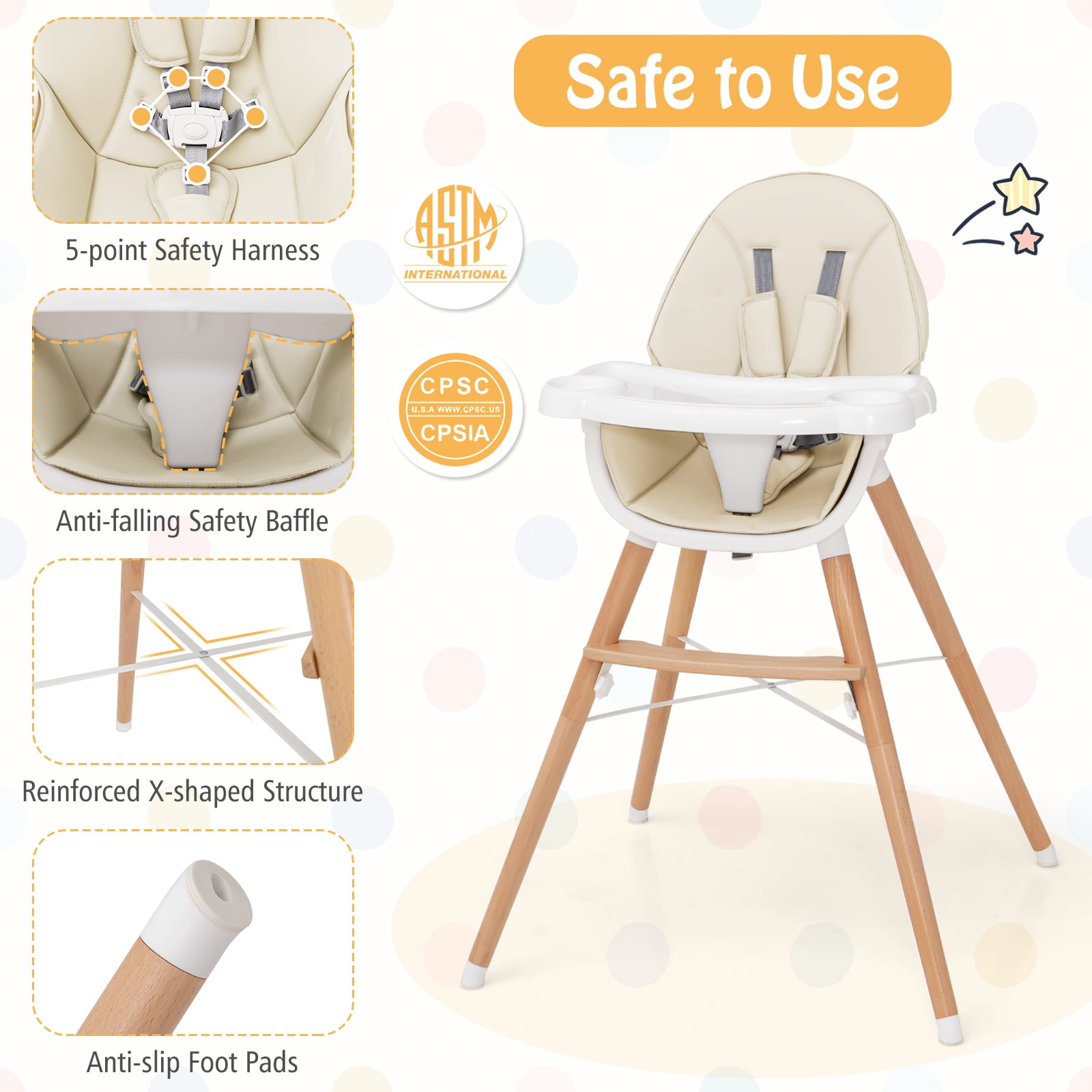 Infans Baby High Chair Wooden Feeding Chair w/ 4-Gear Tray & Removable Cushion Beige