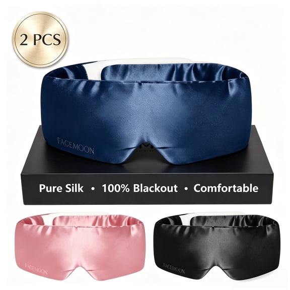 FACEMOON Pure Silk Sleep Mask, 2 Pack, Blackout Eye Mask with Adjustable Strap for Women and Men, Pink and Black