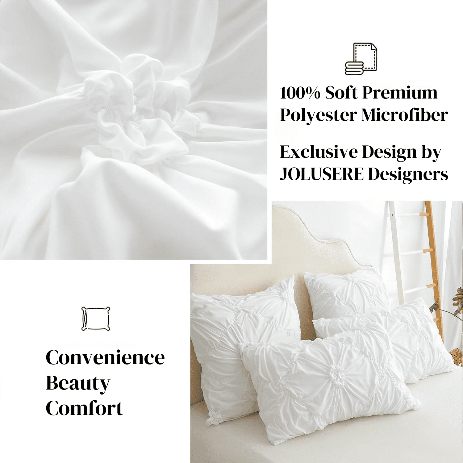 JOLUSERE Rustic French Style White Duvet Cover Sets Queen Size, Textured Flower Pinch Pleated Solid Luxury Bedding Sets