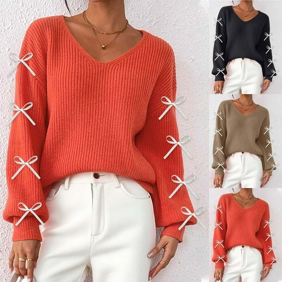 Fengqque Women's Sweaters Casual Long Sleeve Ribbon Bow Decoration V Neck Lightweight Pullover Sweater Tops Orange XL(XL)