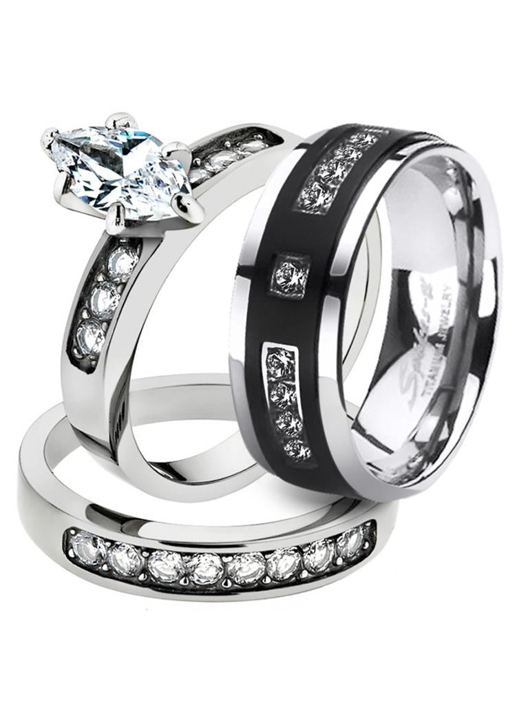 His & Her 3pc Stainless Steel 3.10 Ct Cz Bridal Set & Mens Titanium Wedding Band 