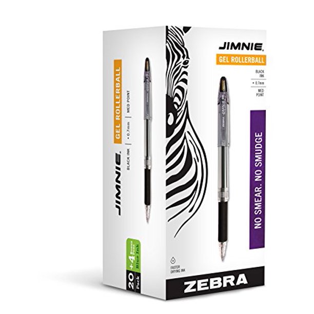 Zebra Jimnie Roller Ball Stick Gel Pen, Black Ink, Medium, 24 per Pack