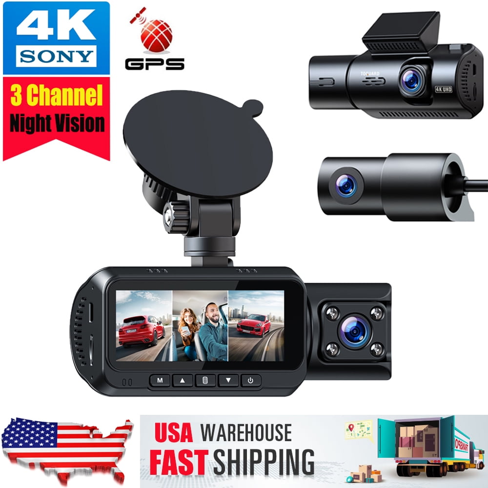 TOGUARD 3 Channel Dash Cam for Cars 4K Front 1080P Cabin Dual Dash