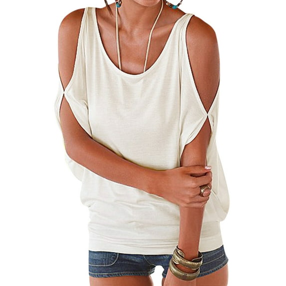 UKAP Women Summer T Shirts Bat Short Sleeve Tunic Tops Ladies Off The Shoulder Solid Color Beach Blouse Tee Shirts White M(US 6-8)