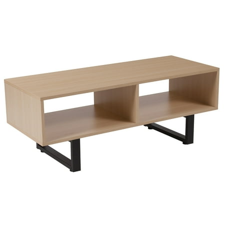 Media Console Glass 39.50” Light Brown and Black Beech Wood Grain Finish TV Stand and Media Console with Metal Glass ()