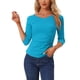 thumbnail image 1 of Blusa de mujer con fruncidos Inspire Chic, decoración de botones, cuello en V, manga 3/4, top de punto sólido, 3XL, azul lago, 1 of 6