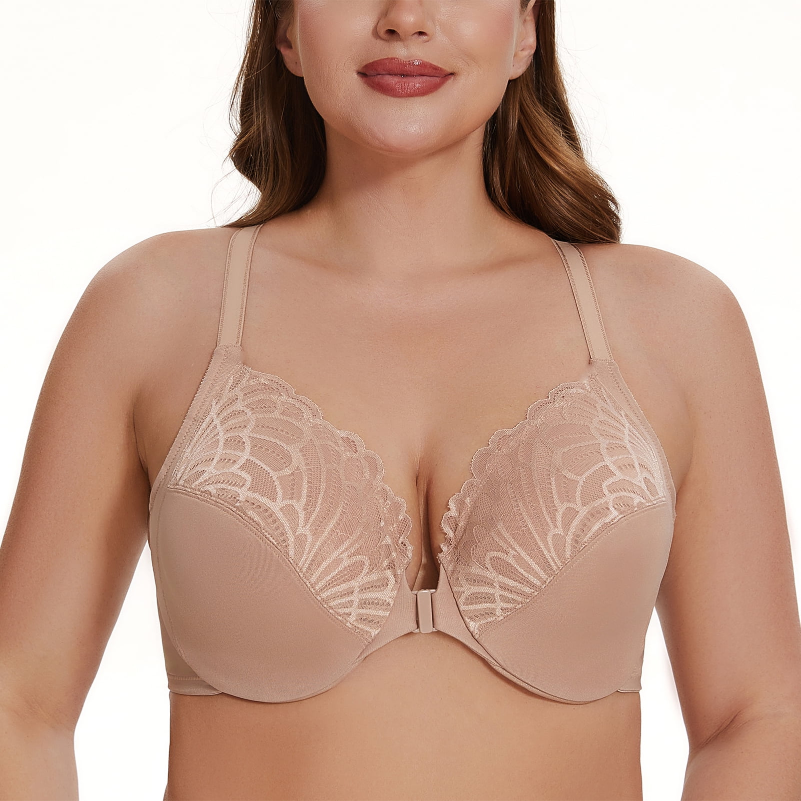 MELENECA Women's Racerback Front Closure Lace Unlined Plus Size Full Coverage Underwire Bra Beige 38D