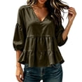 thumbnail image 2 of ClodeEU Women's V Neck Puff 3/4 Sleeve Tiered Ruffle Peplum Blouse,Loose Solid Babydoll Casual Top Army Green,Women's Plus L, 2 of 6