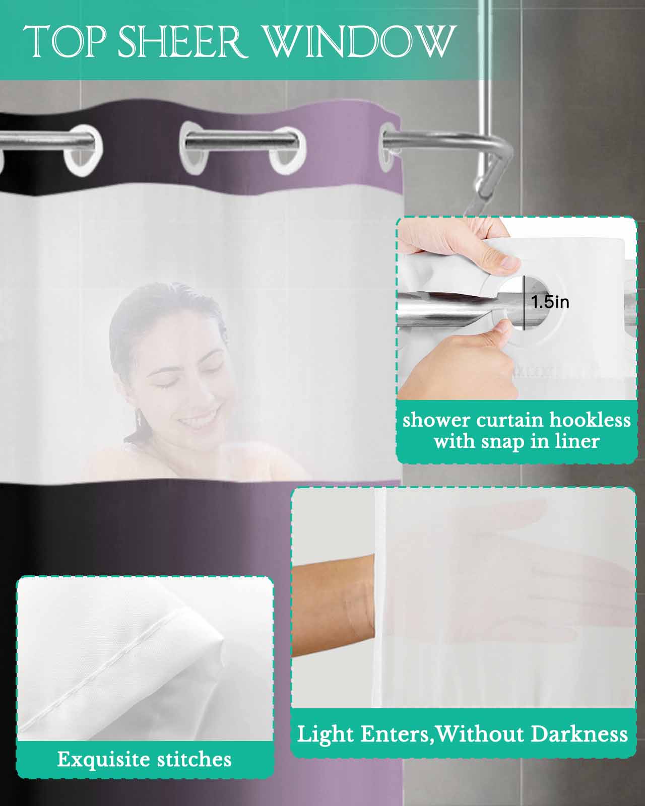 No Hook Shower Curtain with Snap in Liner, Ombre Abstract Gradient Purple and Black Hotel Shower Curtains for Bathroom, Washable Shower Curtain Liner Set with Mesh Top Window, 72"x84"