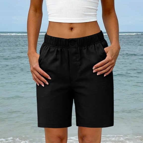 SOOMLON Stretchy Shorts for Women Plus Size Button Elastic Waist Long Shorts Chino Shorts with Pockets Casual Bottoms