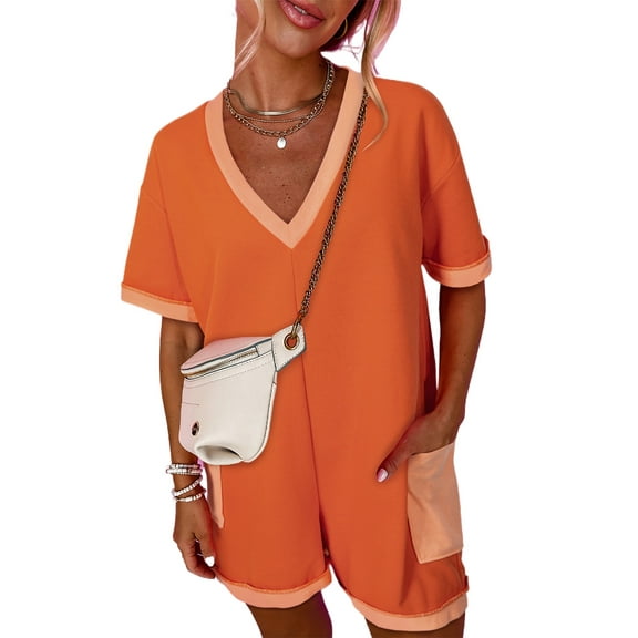 Women's Russet Orange Two-Tone Short Sleeve V Neck Loose Romper with Patched Pockets | [ZhiHiMeRi] | (US 12-14)L