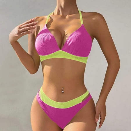 OSFVNOXV Bikinis for Women 2 Piece Summer Swimsuits Y2K Halter Neck Color Blocked Push Up Bra Bikini Top and High Waisted Briefs Clearance