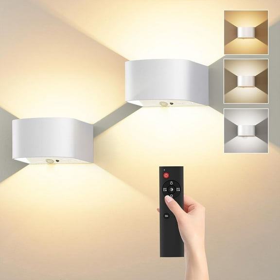 Motion Sensor Wall Light with Remote Control 3 Colors Wireless Wall Sconces LED Indoor Up and Down Wall Lamp 5000mAh Rechargeable Battery Powered Wall Lamps Brightness Adjustable, White 2 Pack