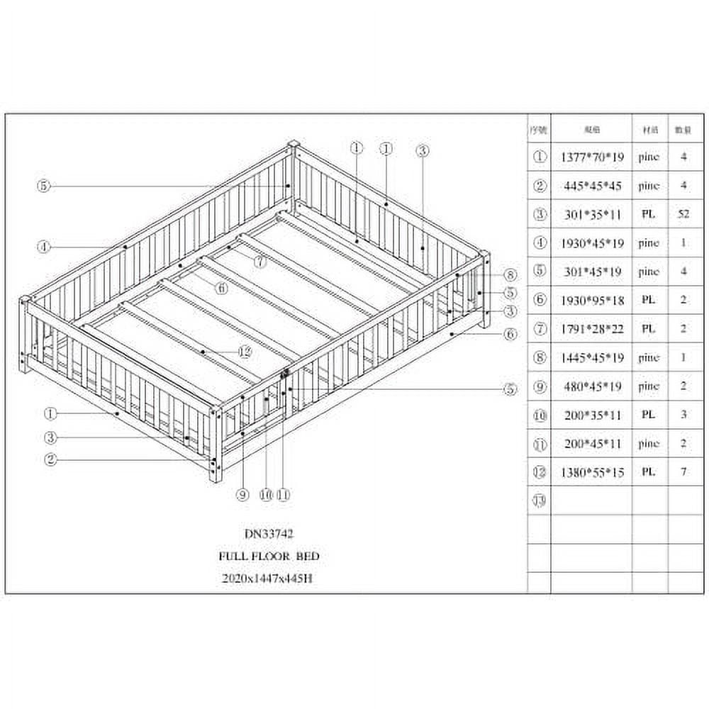 Full Size Floor Bed for Kids, Wooden Full Bed Frame with Fence Guardrails & Support Slats & Revolving Door Design, Montessori Style, Full Playhouse Bed with for Toddler, Boys ,Girls, White