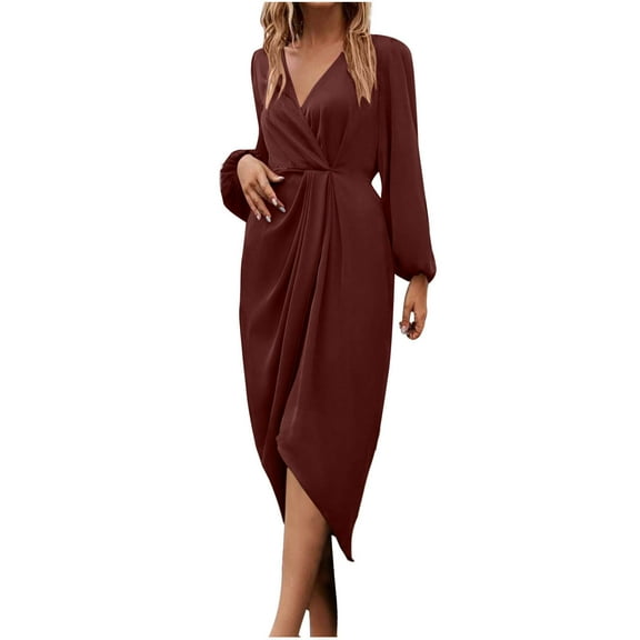 Efsteb 2025 Fall Fashion Women Work Dresses Business Casual Elegant Office Dress Lantern Long Sleeve V Neck Split Front Cocktail Midi Dresses (Brown,XL)