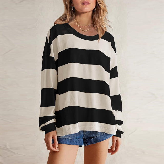 Styesk Chandails à Manches Longues pour Femmes, Chemise Tendance à Rayures, Tunique Ample à Col Rond, Chandail à Enfiler, Hauts Décontractés Patchwork, Chandail Doux et Léger