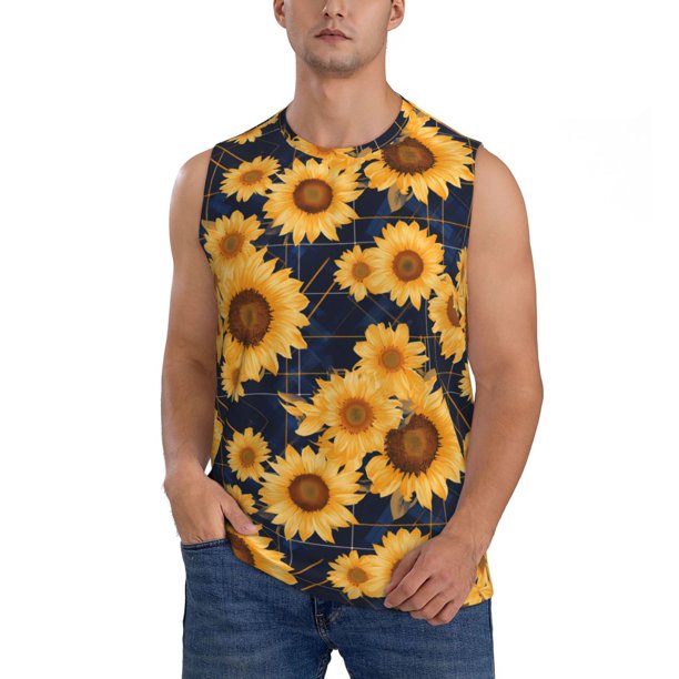 Fotbe Navy Blue Plaid Sunflower Men's Camiseta sin Mangas Estampada para Hombres, Playera Casual para Gimnasio, Entrenamiento, Playa-Medium