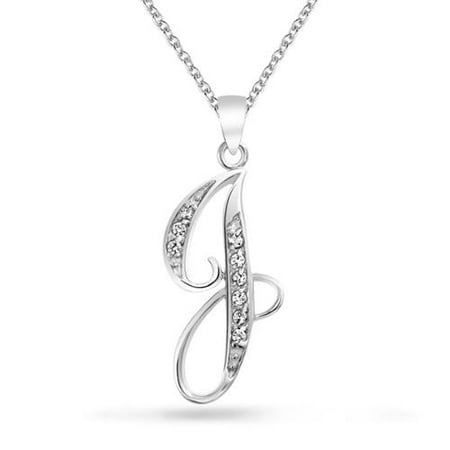 Initial 925 Silver Jewelry Pendant - Bling Jewelry 925 Silver CZ Cursive Initial Letter J Alphabet Necklace