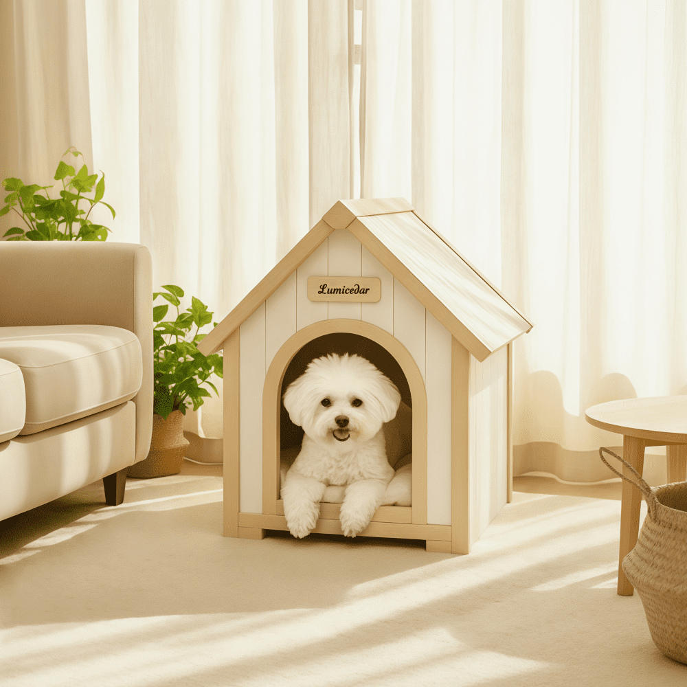 Solid Cedar Pet House – Cream-Yellow Cabin-Style Indoor Shelter for Small Dogs and Cats