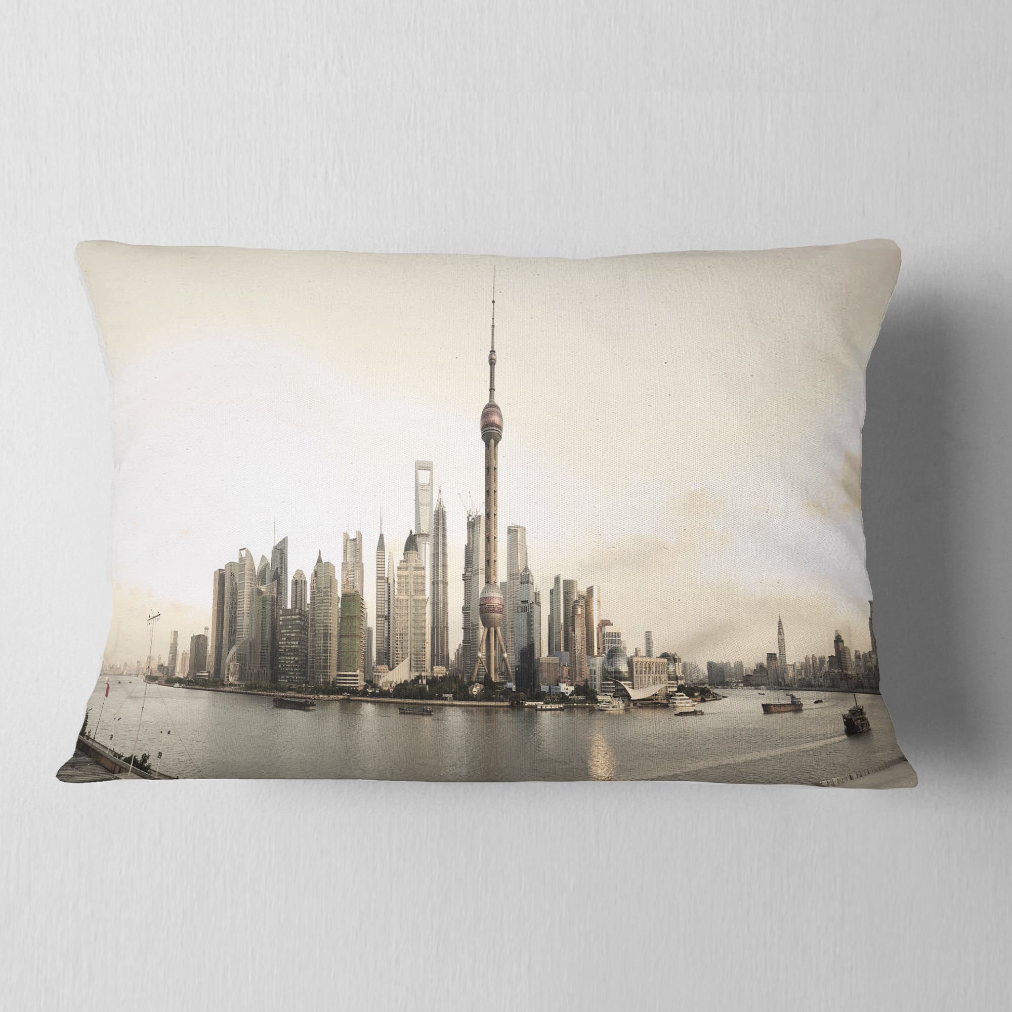 Designart Shanghai s Modern Architecture - Cityscape Photo Throw Pillow - 12x20