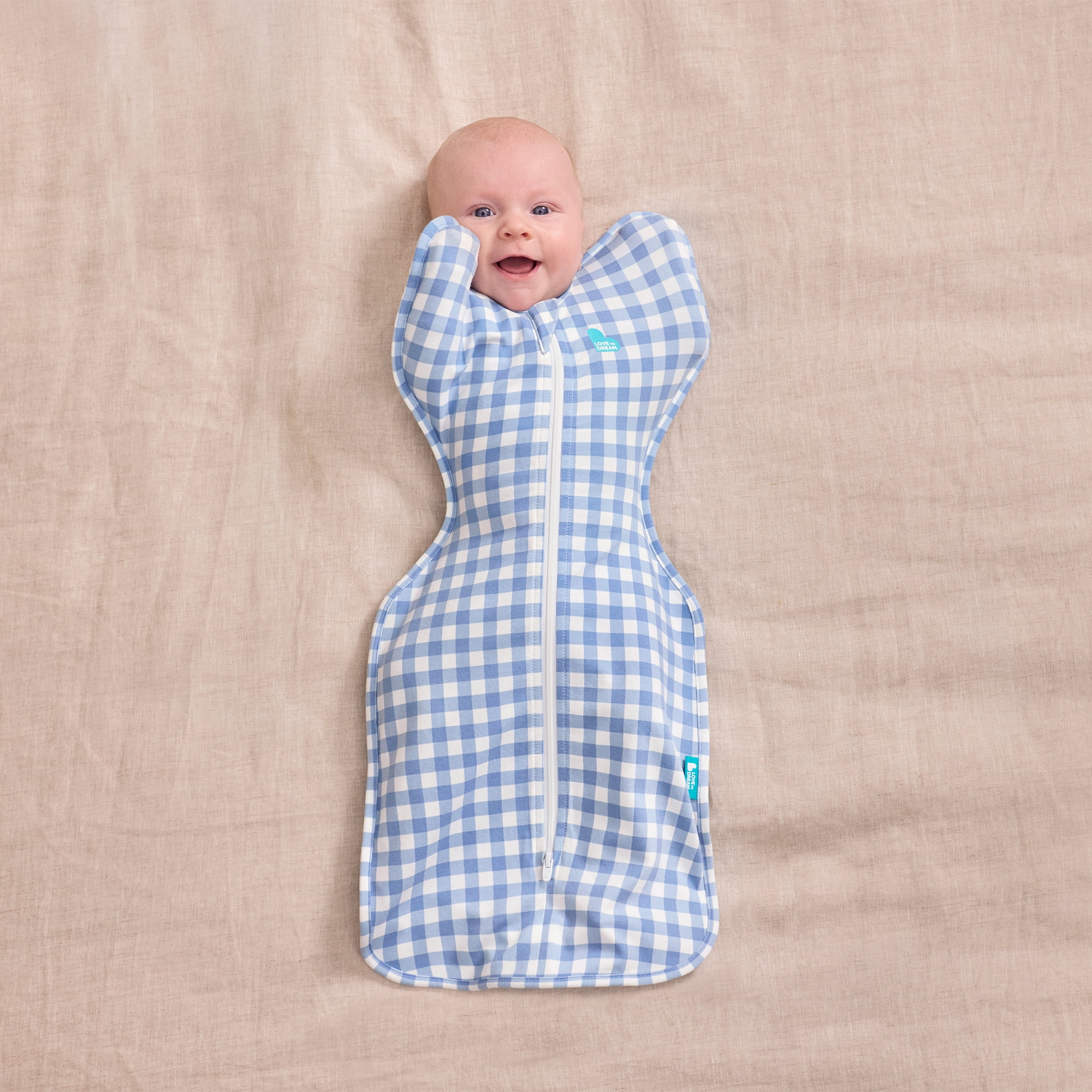 Love To Dream Swaddle Up Original Sleep Sack, 4-Way Stretch, Cotton Blend, 1.0 TOG, Blue Gingham, Small