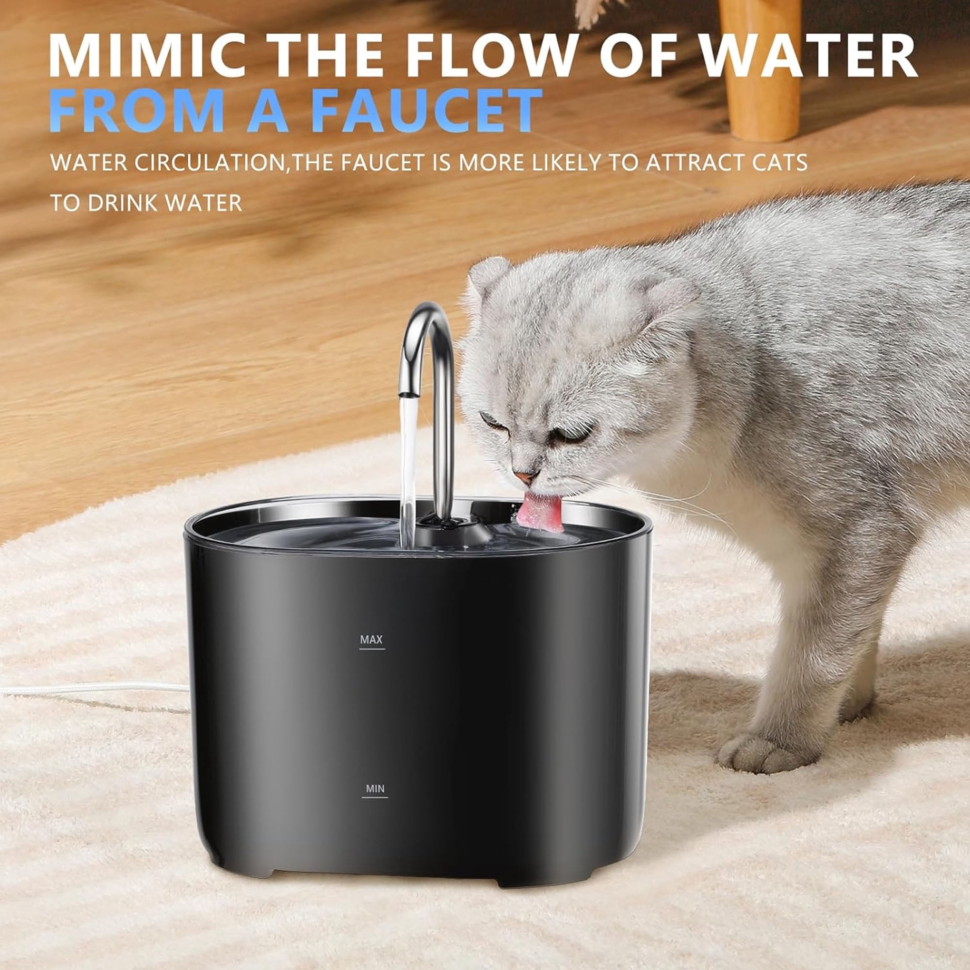 OFEFE 71oz/2.1L Cat Water Fountain with Copper Faucet - Automatic Pet Water Dispenser with Advanced Filtration System, LED Light, and 3 Replacement Filters for Indoor Cats (Black)