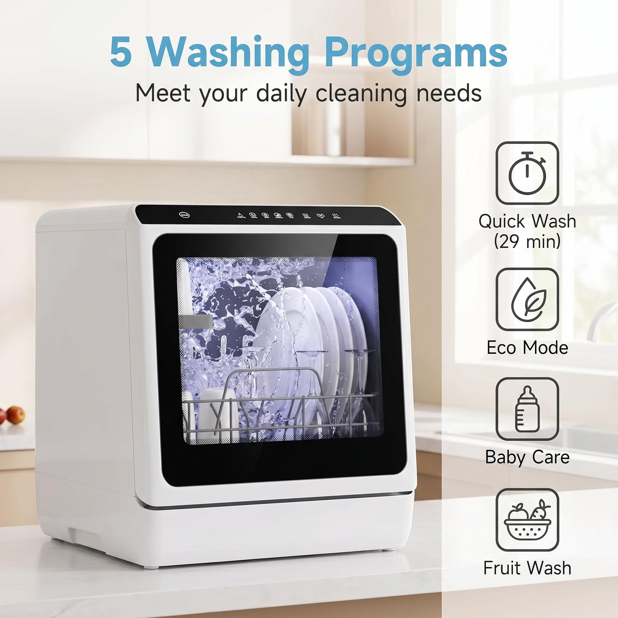 FUNGQI Portable Countertop Dishwasher, 5 Wash Programs with Baby Care & Fruit Modes, 29-Min Quick Wash, Low Noise Mini Dishwasher with Drying & Storage, Water Saving Design for Apartment, RV, Camping