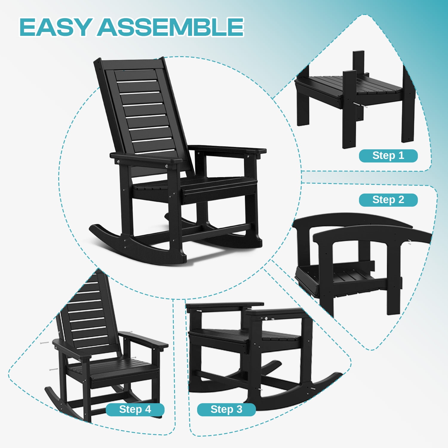 FODINGHILL Outdoor Rocking Chair Set of 2,HDPE Oversized Rocking Chair Outdoor,High Back Rocking Patio Chairs for Porch Garden Balcony,Black