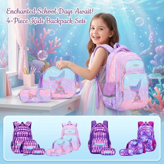 AHMOMEI Cute Print 3 Pieces Backpack Set, 16.54" Height Backpack with Lunch Tote & Pencil Case for Picnic, Weekend Play & Daily Casual Activities