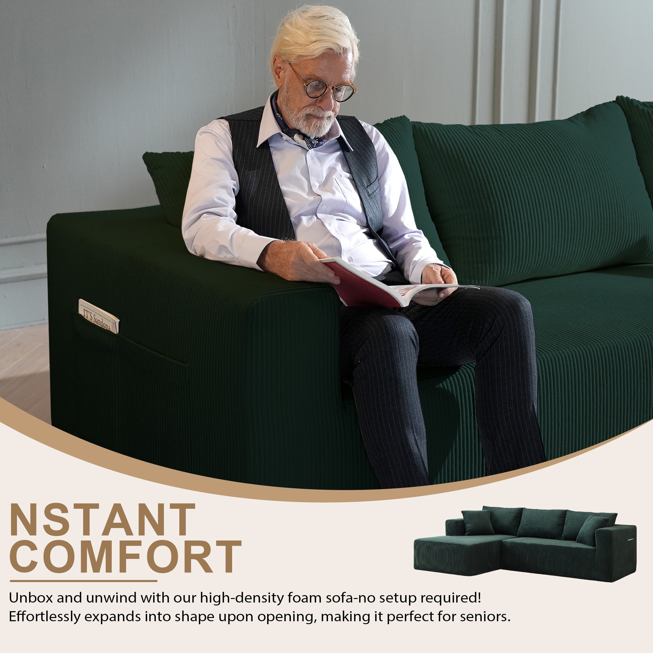 AENKYO 104'' Modular L-Shape Sectional Sofa with Chaise, Comfy Deep-Seat Cloud-Couch, Corduroy - Green